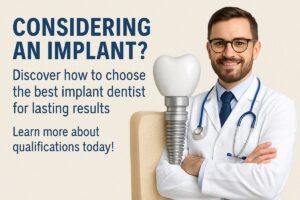 A close-up shot of a dentist, wearing gloves and a mask, carefully placing a dental implant into a patient's jaw, using specialized tools in a sterile environment. No text on image.