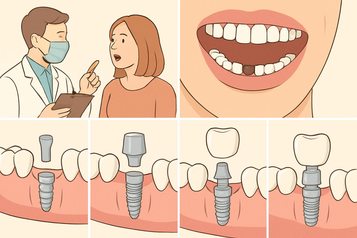 A step-by-step diagram illustrating how a tooth implant is done, from initial consultation to final crown placement, highlighting the key stages of the dental implant process. No text on image.