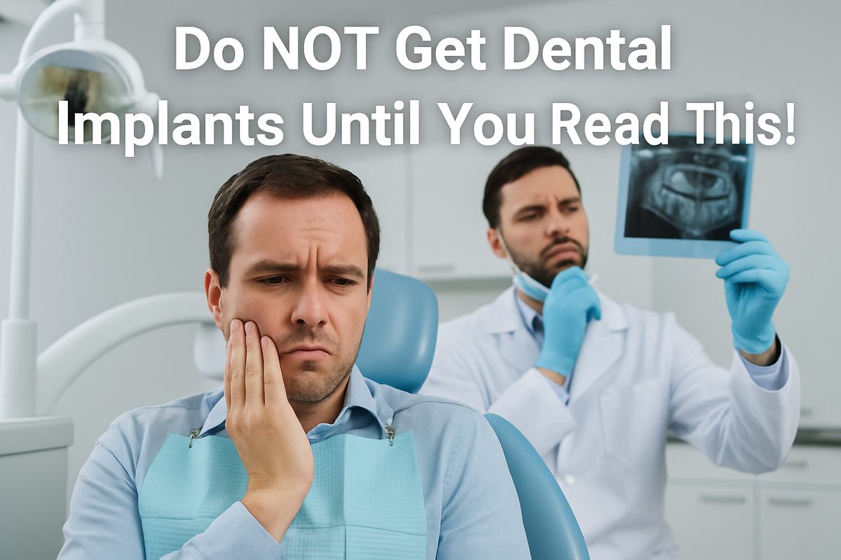 A concerned-looking patient sits in a dental chair, with a dentist in the background looking contemplatively at an x-ray. The image has text overlayed which reads: "Do NOT Get Dental Implants Until You Read This!"