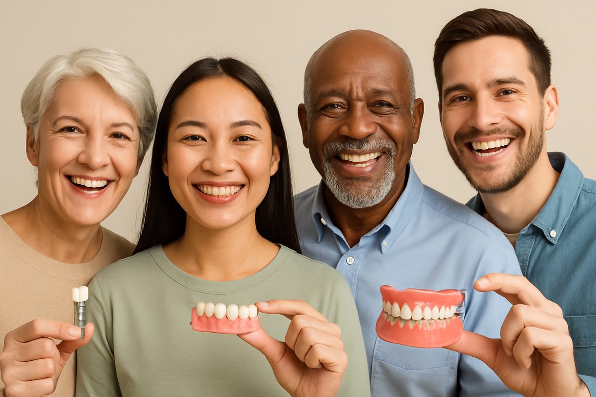Image of a diverse group of smiling people showcasing various teeth replacement options: dental implants, fixed bridges, and dentures. No text on the image.