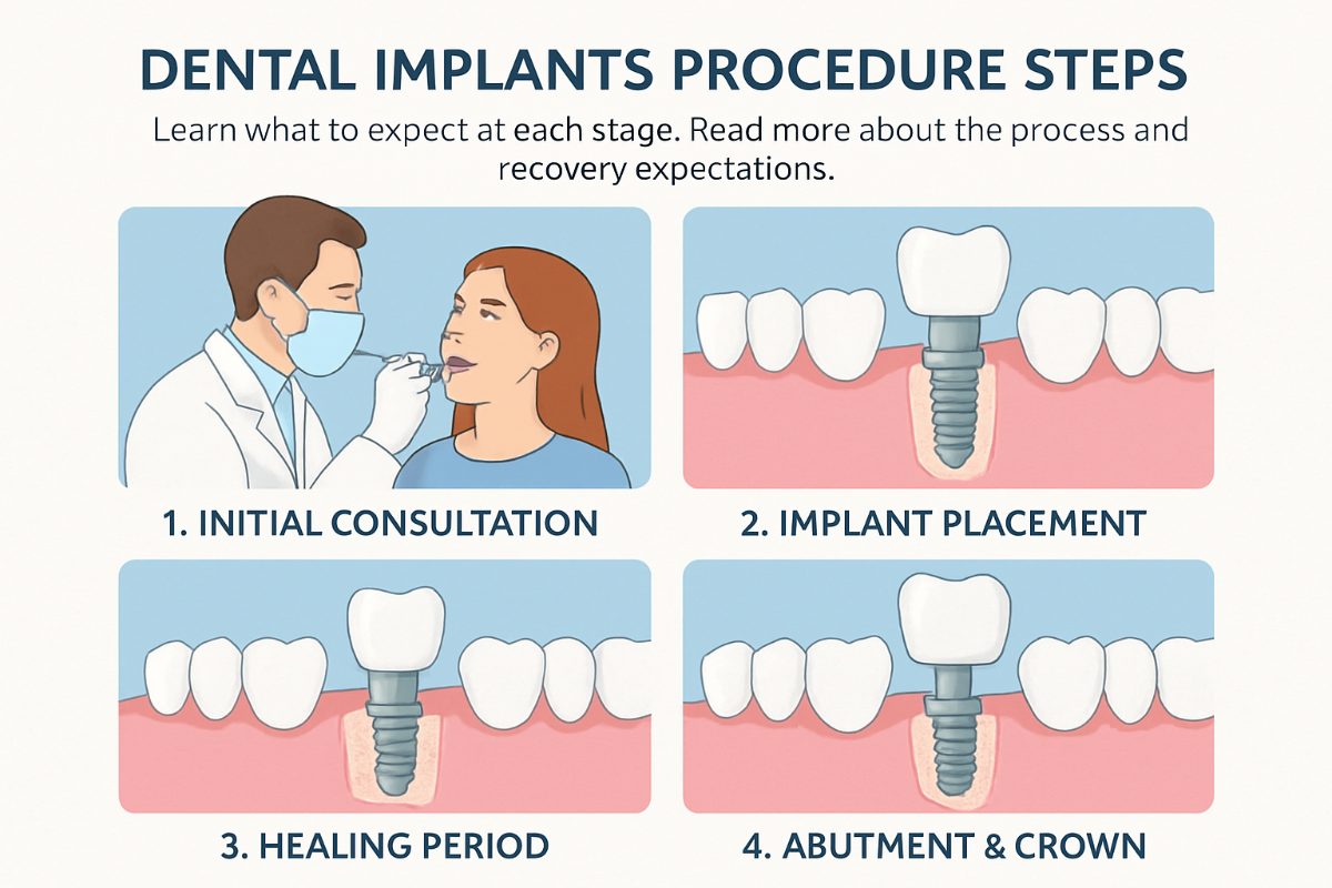 Photo depicting the dental implants procedure steps. Use simple line art to show: 1. Initial Exam, 2. Implant Placement, 3. Healing, 4. Abutment Placement, 5. Crown Attachment. No text on the image.