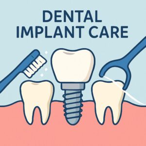 Close up of a toothbrush cleaning around a dental implant in a patient's mouth. No text on the image.