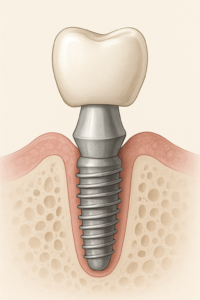 Image of a diagram showing the three main parts of a dental implant: the implant (titanium post in the jawbone), the abutment (connector), and the crown (artificial tooth). No text on the image.