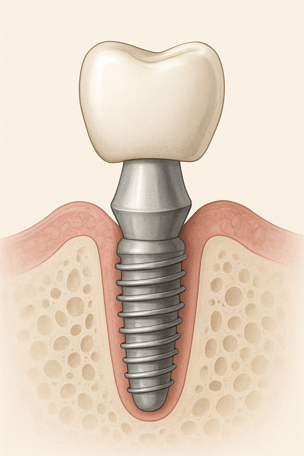 Image of a diagram showing the three main parts of a dental implant: the implant (titanium post in the jawbone), the abutment (connector), and the crown (artificial tooth). No text on the image.