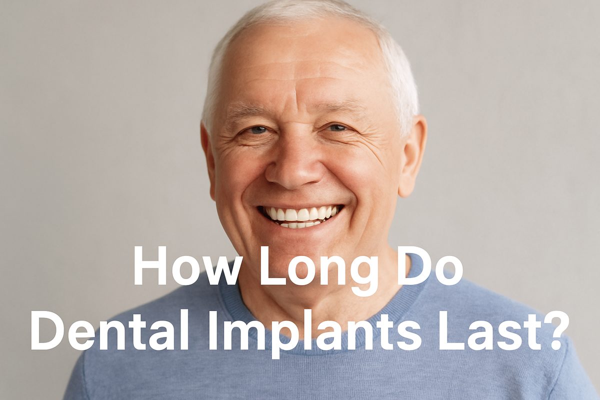 Image of a senior man smiling, with dental implants visible. Overlaying text: "How Long Do Dental Implants Last?".
