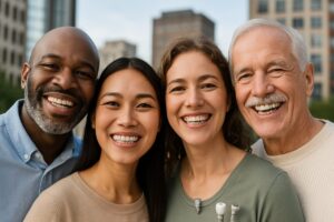 Photo of a diverse group of people smiling, showcasing various dental implant solutions. The background subtly displays city buildings, symbolizing the search for "dentists who do implants near me". No text on the image.