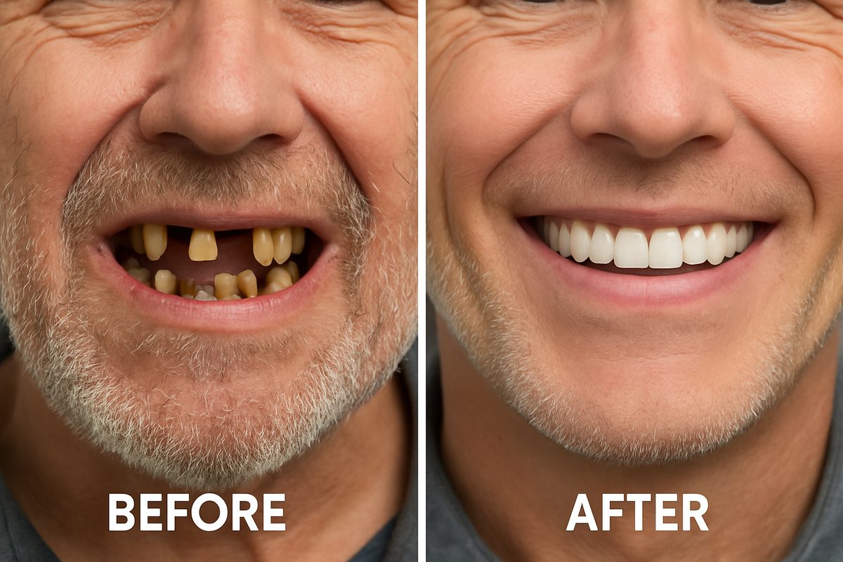 A before and after photo of a patient who has undergone false teeth implants. The before photo showing missing and damaged teeth, and the after photo showcasing a full, healthy smile with implants.