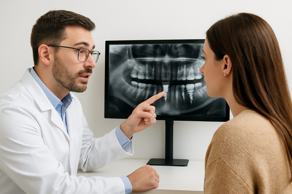 A dentist is pointing to a dental implant x-ray, discussing the longevity and care of dental implants with a patient. No text on the image.