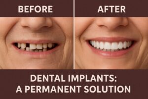 Image showcasing a before-and-after smile transformation with dental implants, highlighting the natural look and improved function. The image should have a side by side comparison with the text overlay "Dental Implants: A Permanent Solution".