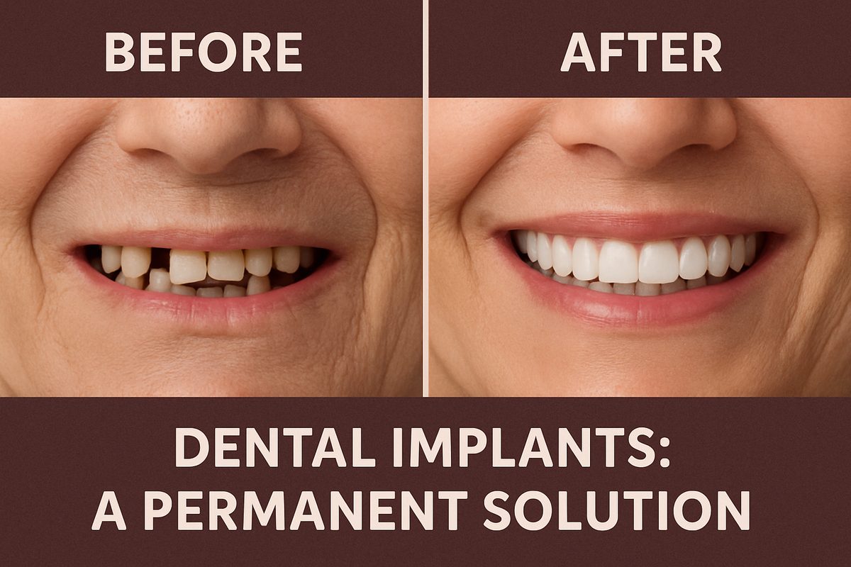 Image showcasing a before-and-after smile transformation with dental implants, highlighting the natural look and improved function. The image should have a side by side comparison with the text overlay "Dental Implants: A Permanent Solution".