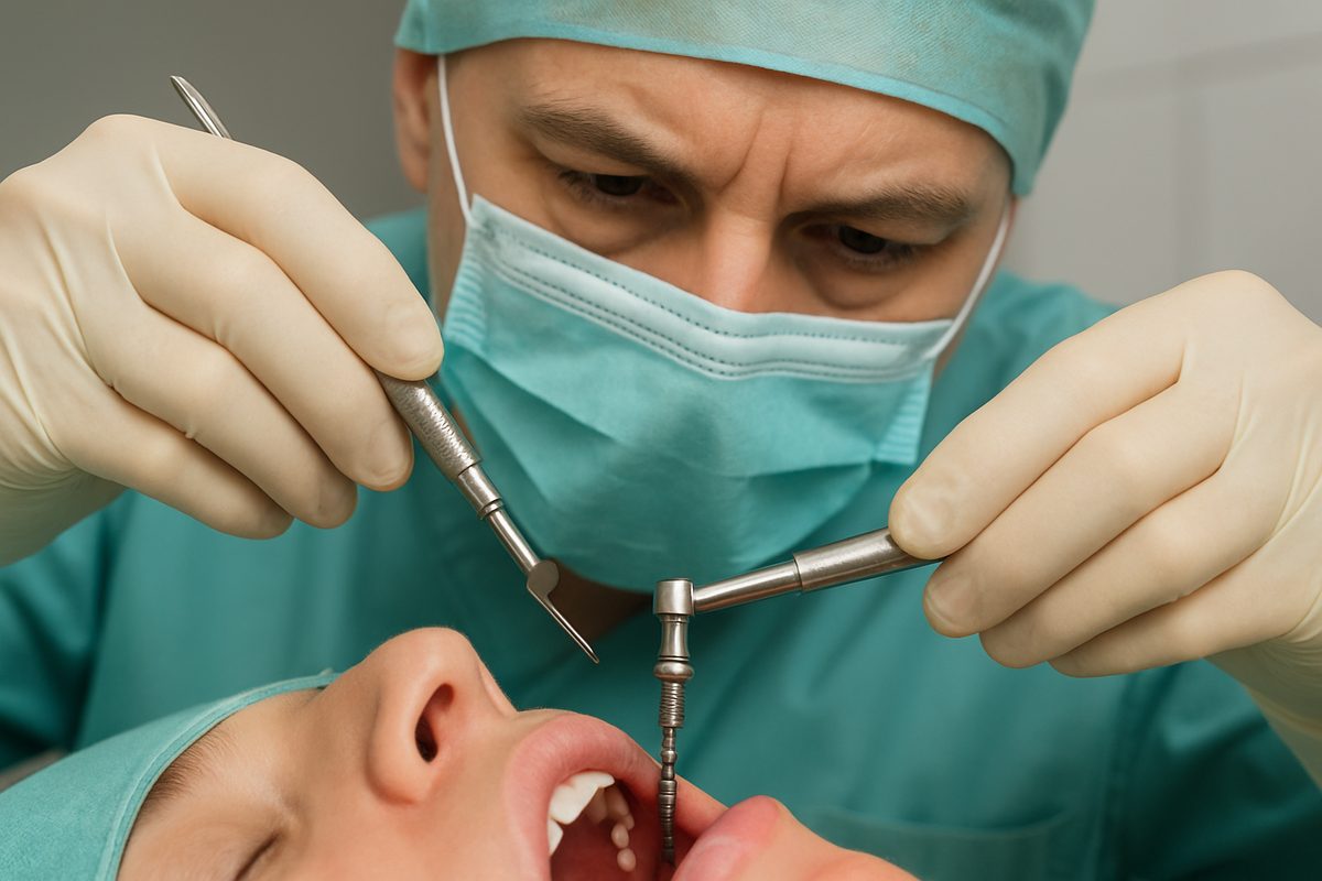 A dental surgeon carefully places an endosteal implant into a patient's jawbone, ensuring precise placement for optimal integration. No text on image.